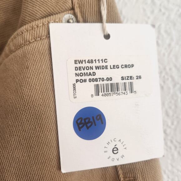 Etica Women's Sz 2/26 Devon Wide Leg Crop Nomad/Tan Raw Hem Ethically Made Pants - Picture 5 of 5